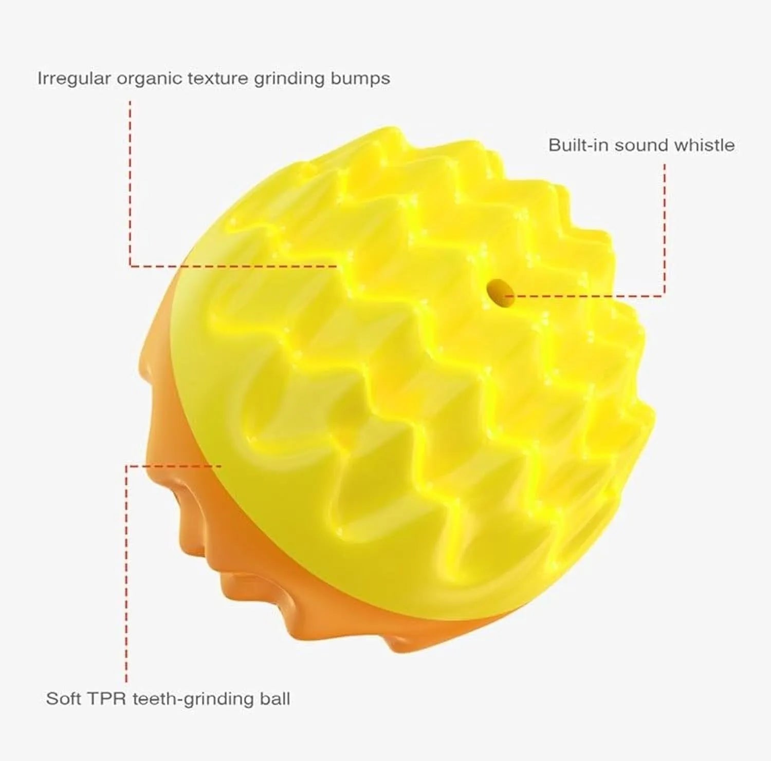 Blue and orange squeaky dog ball with spiky surface for dental cleaning and water fetch