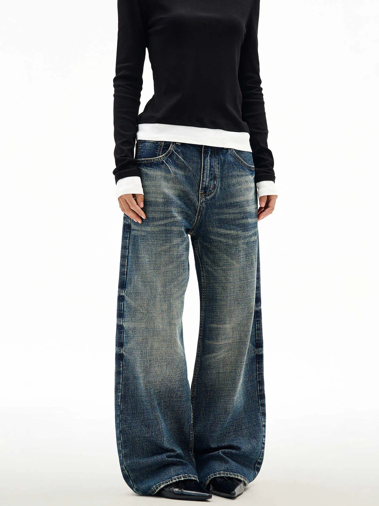 Men's wide leg jeans dark blue distressed cat beard straight loose cotton blend