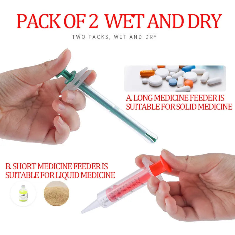 Two pet pill shooter guns with soft silicone tips in different sizes for cats and dogs