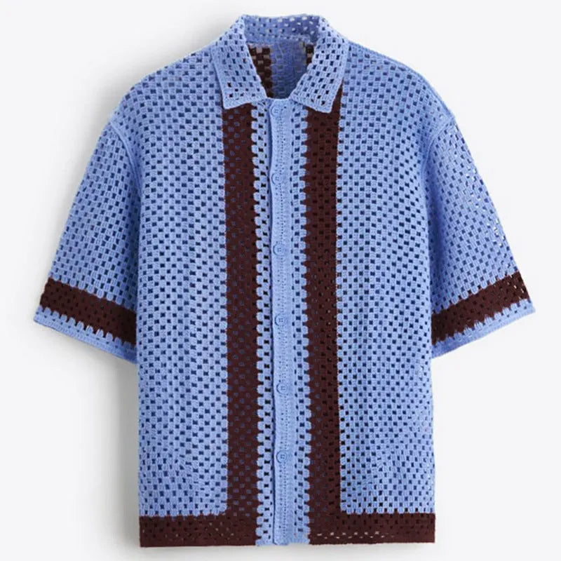 Men's blue hollow knit viscose short sleeve cardigan on a plain background