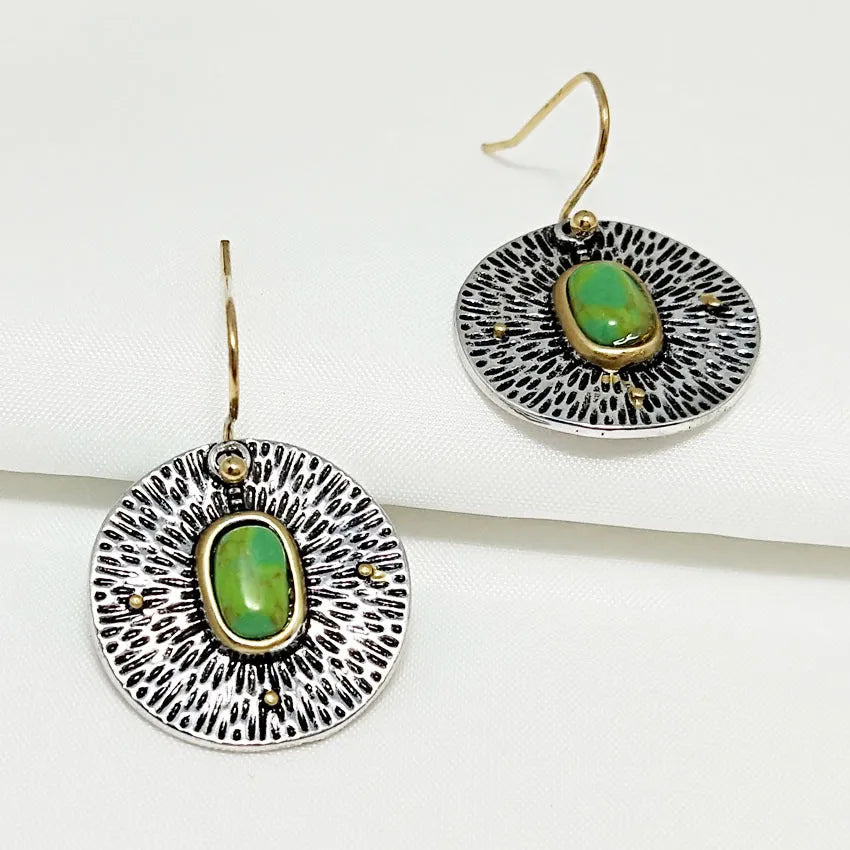 Retro creative turquoise colour separation earrings in antique silver finish alloy old money style