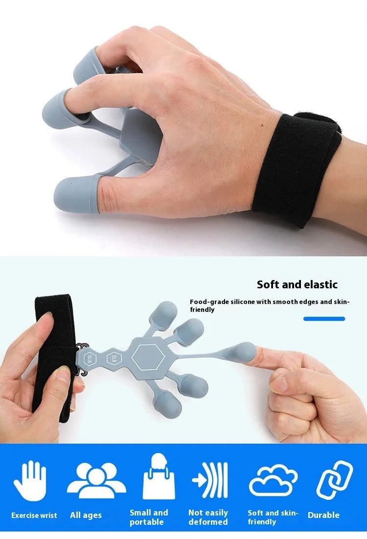 Gray silicone 5-finger rehabilitation hand trainer for grip strength exercises on a plain background