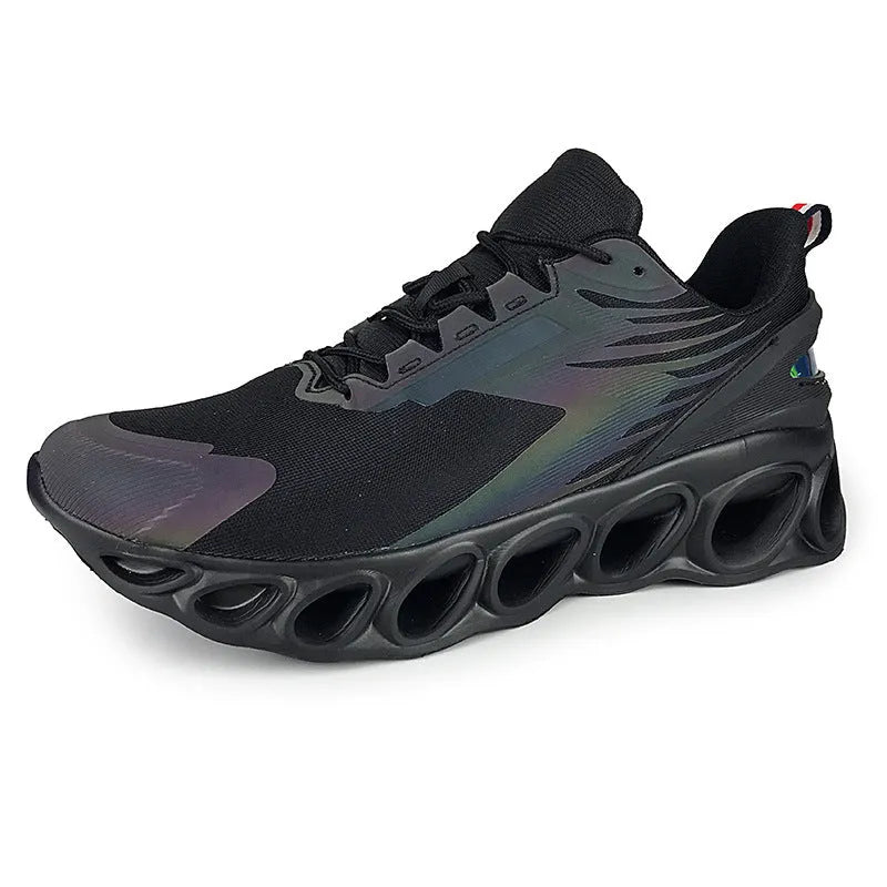 Men's black breathable low-top casual sports shoes with mesh upper and white EVA sole on a plain background.
