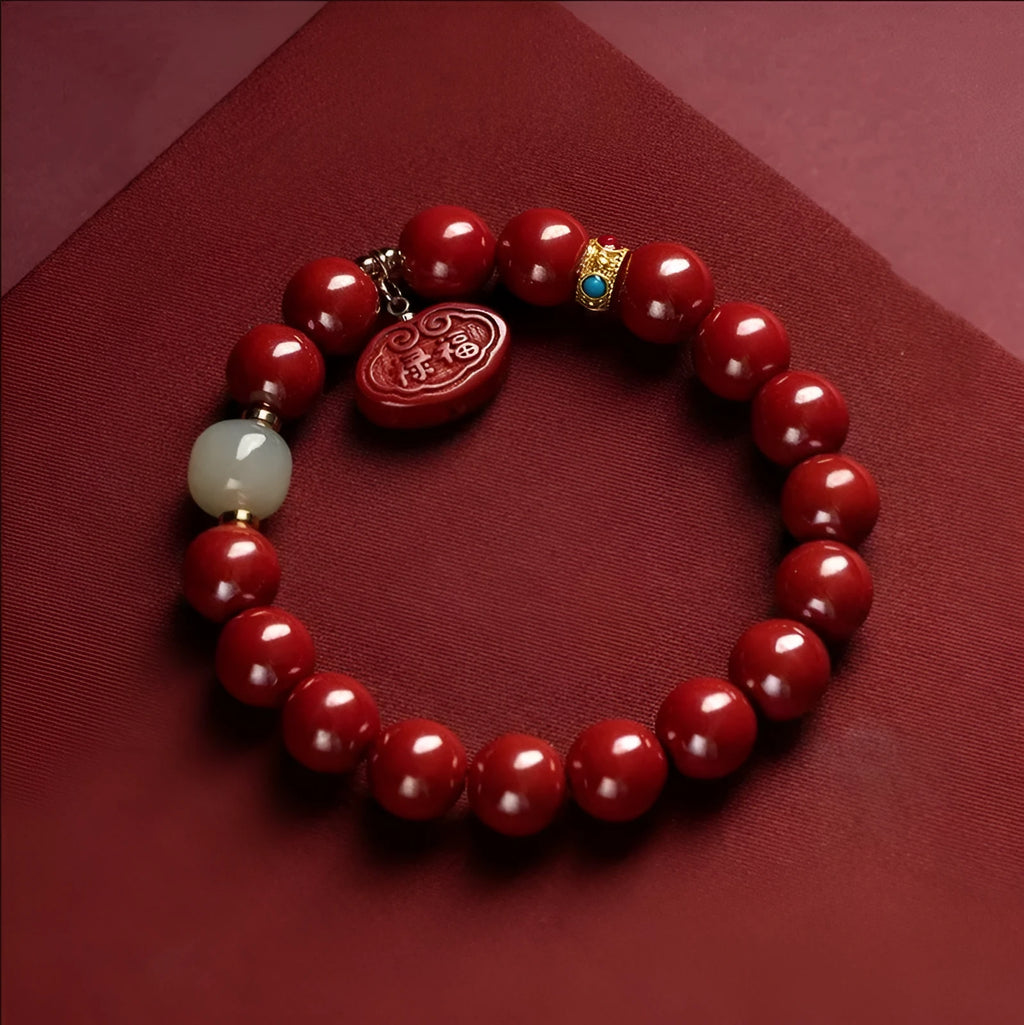 Cinnabar bracelet with emperor sandstone birth year charms in 8mm or 10mm bead sizes
