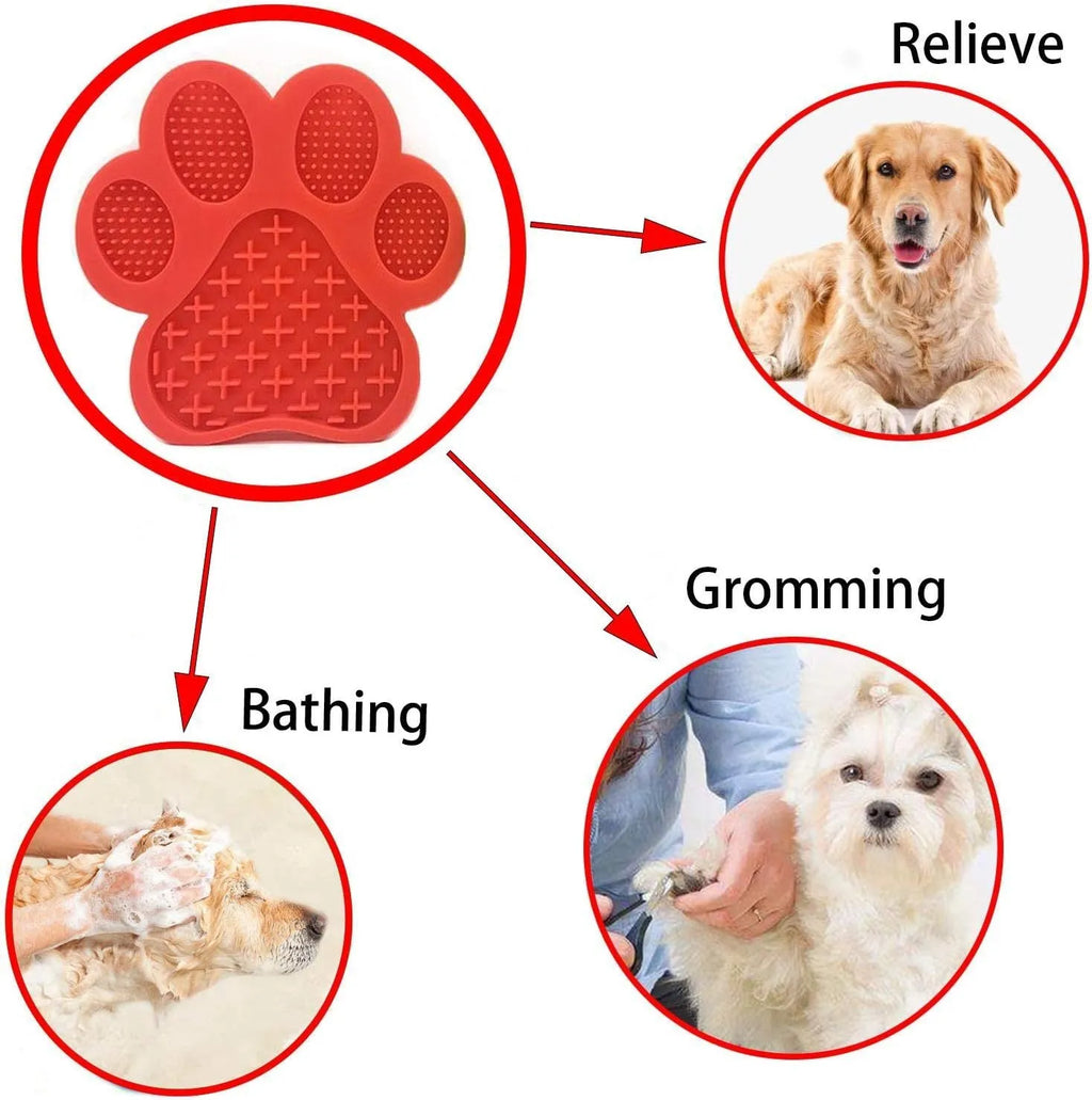 Blue bone-shaped silicone dog licking mat with suction cups on a shower tile.
