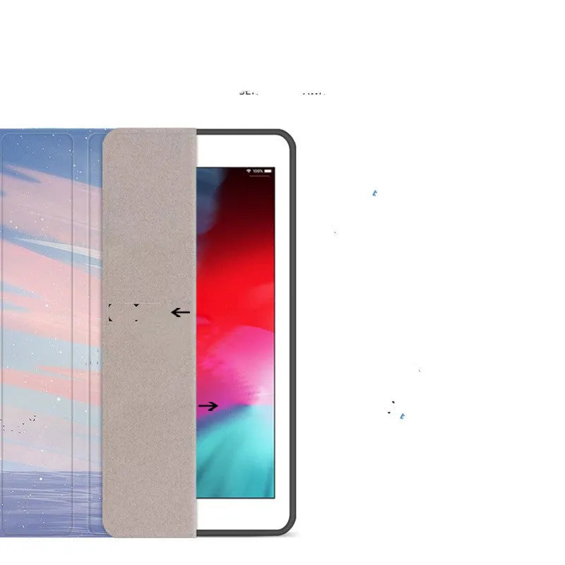 Silicone book-style iPad cover with dreamy painting style sailing design, fits multiple iPad sizes