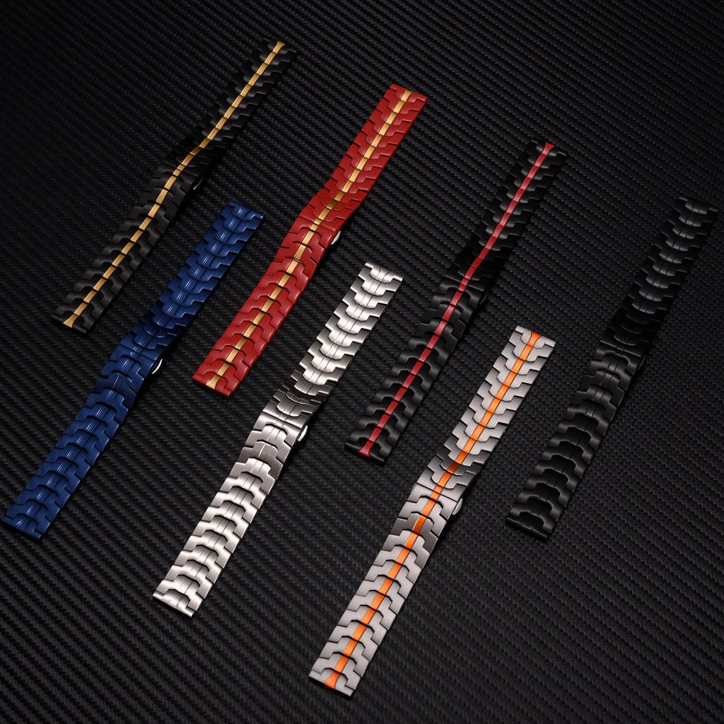 Stainless steel replacement watch band for Samsung Galaxy Watch in silver, shown next to 20mm and 22mm size options.