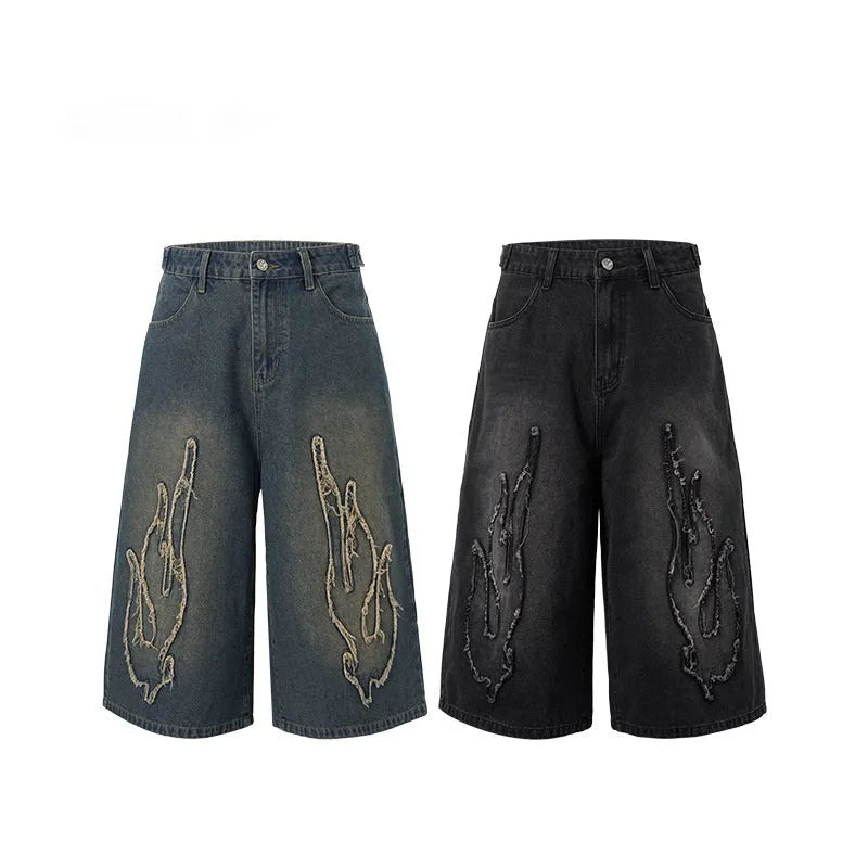 Men's cropped denim shorts with patch flame embroidery in black colour, straight leg summer design