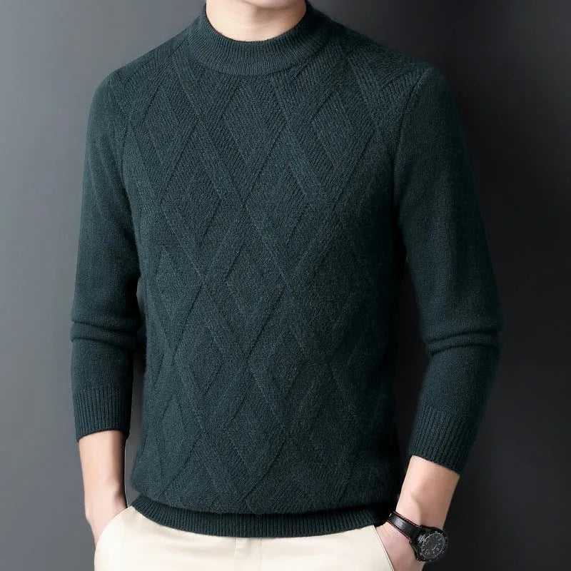 Men's grey diamond jacquard knit wool blend pullover sweater on a hanger.