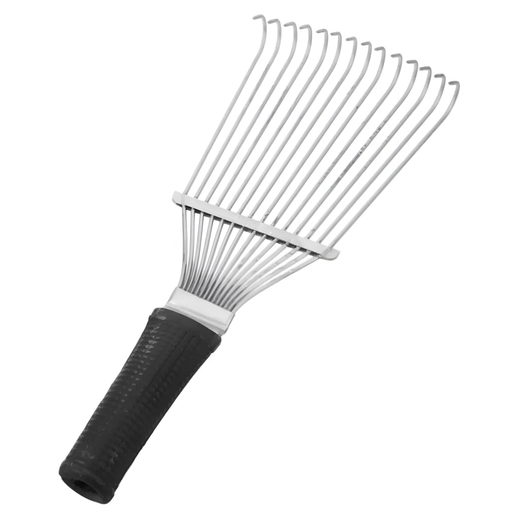 Stainless steel pet grooming hand rake comb for dogs and horses, 33 cm long.