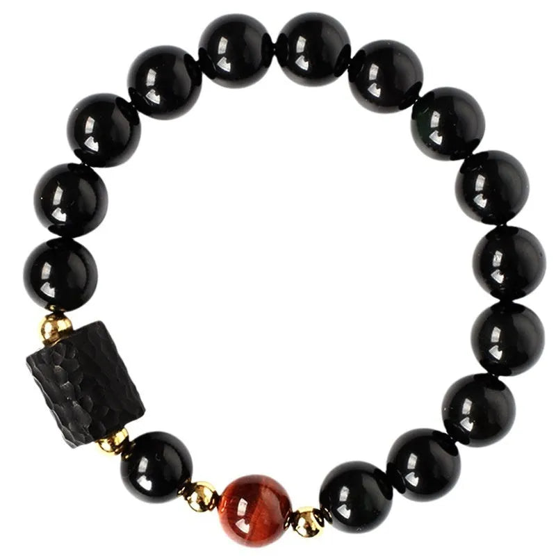 Unisex obsidian bracelet with 10mm round tiger eye beads in yellow, handcrafted retro style