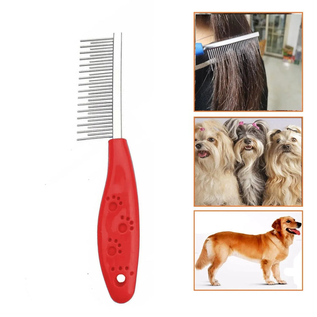 Red plastic handle pet dematting comb with dual-length stainless steel teeth for dog cat grooming