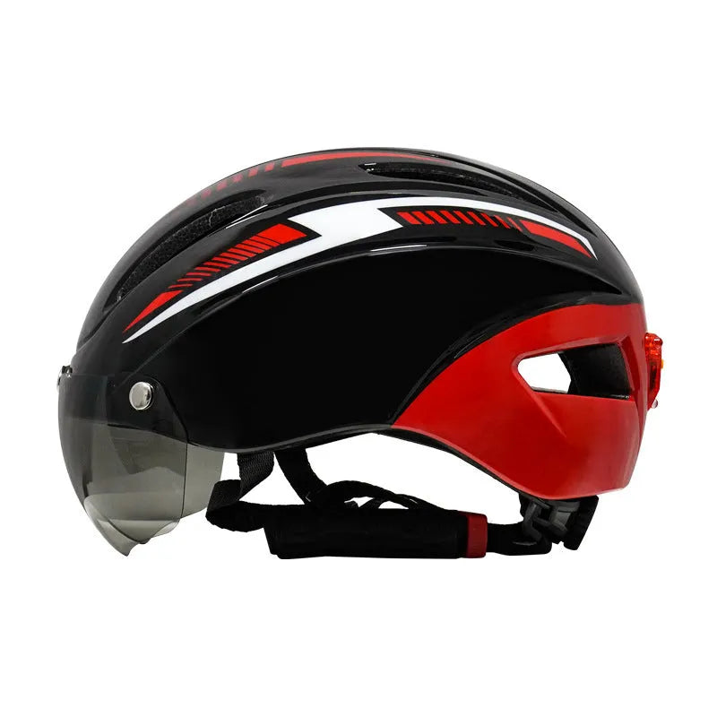 Adult bicycle helmet with goggles and taillight in blue, white, and black colour scheme