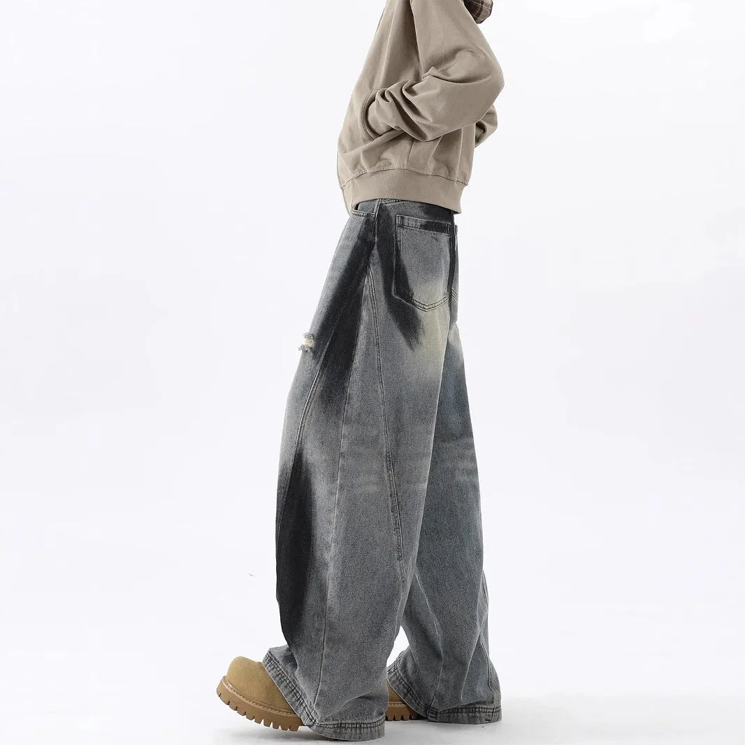 Men's blue American-style splash-ink ripped machete loose fit jeans with cotton fabric and mid waist