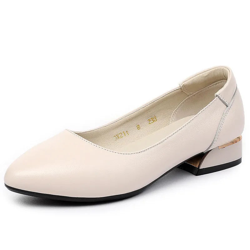 Beige flat pointed low-cut cowhide leather shoes with buckle closure and low heel on a white background
