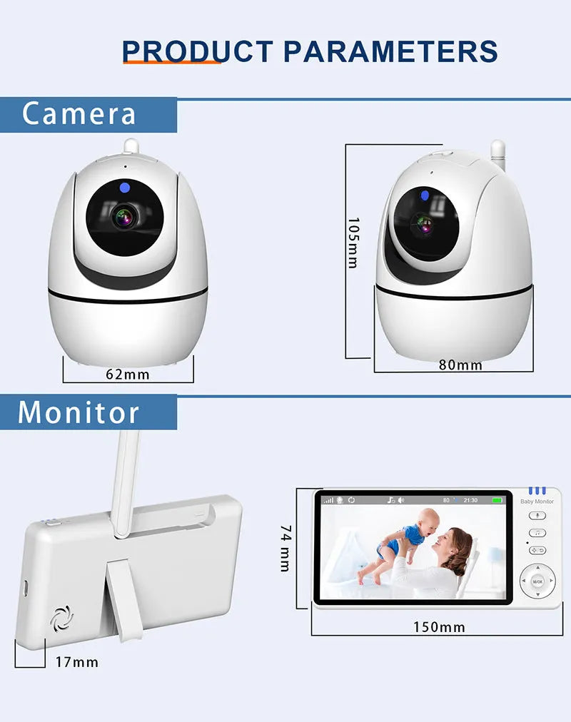 White HD wireless baby monitor with 5.0-inch LCD screen and camera on a nursery shelf