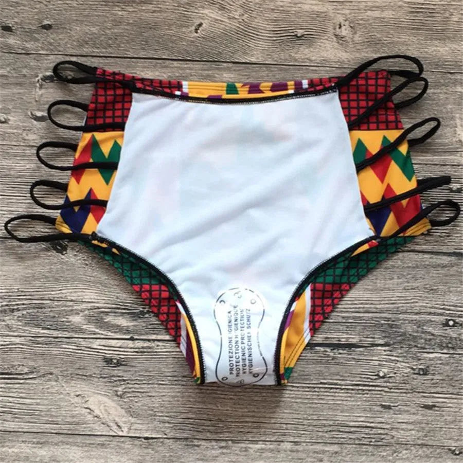 Women's high-waist bikini swimsuit with digital printing, shown as a two-piece set.