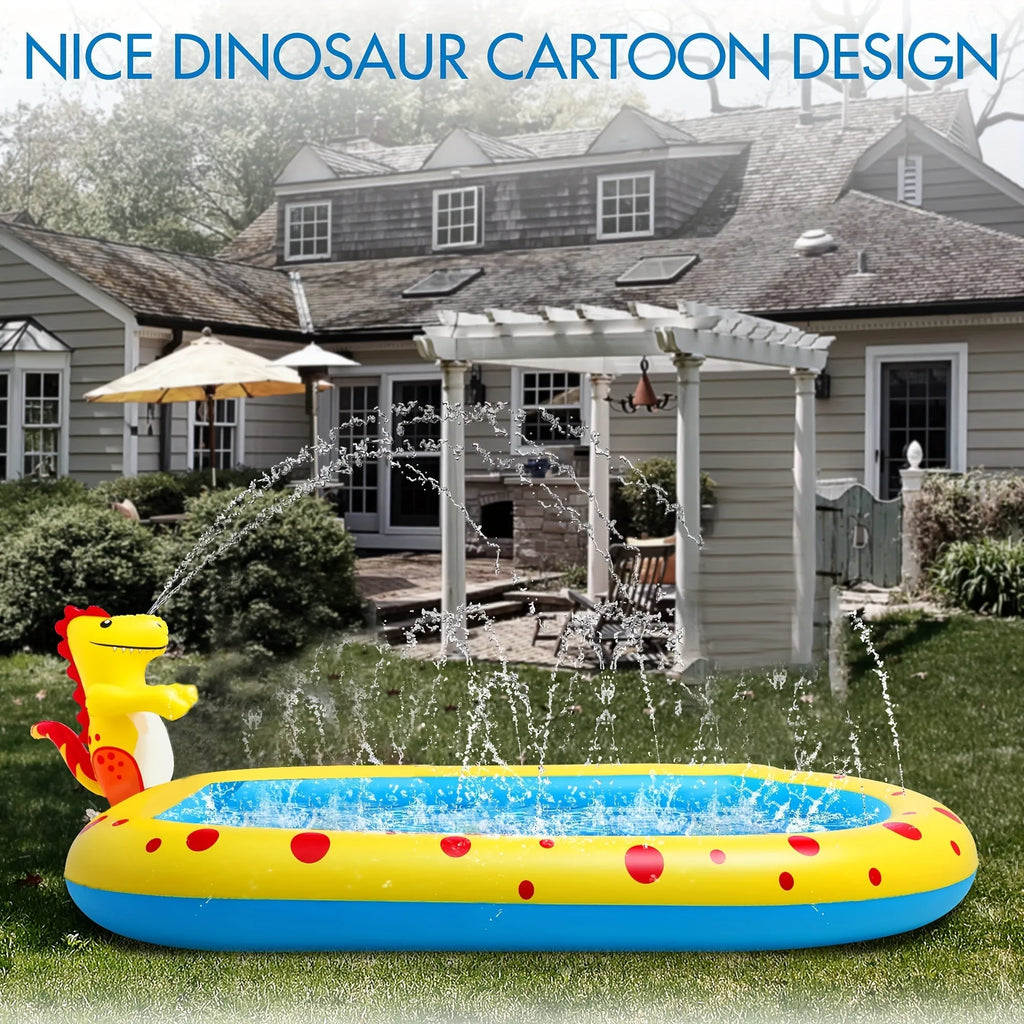 Blue inflatable dinosaur-shaped children's paddling pool with water spray play mat in a garden.