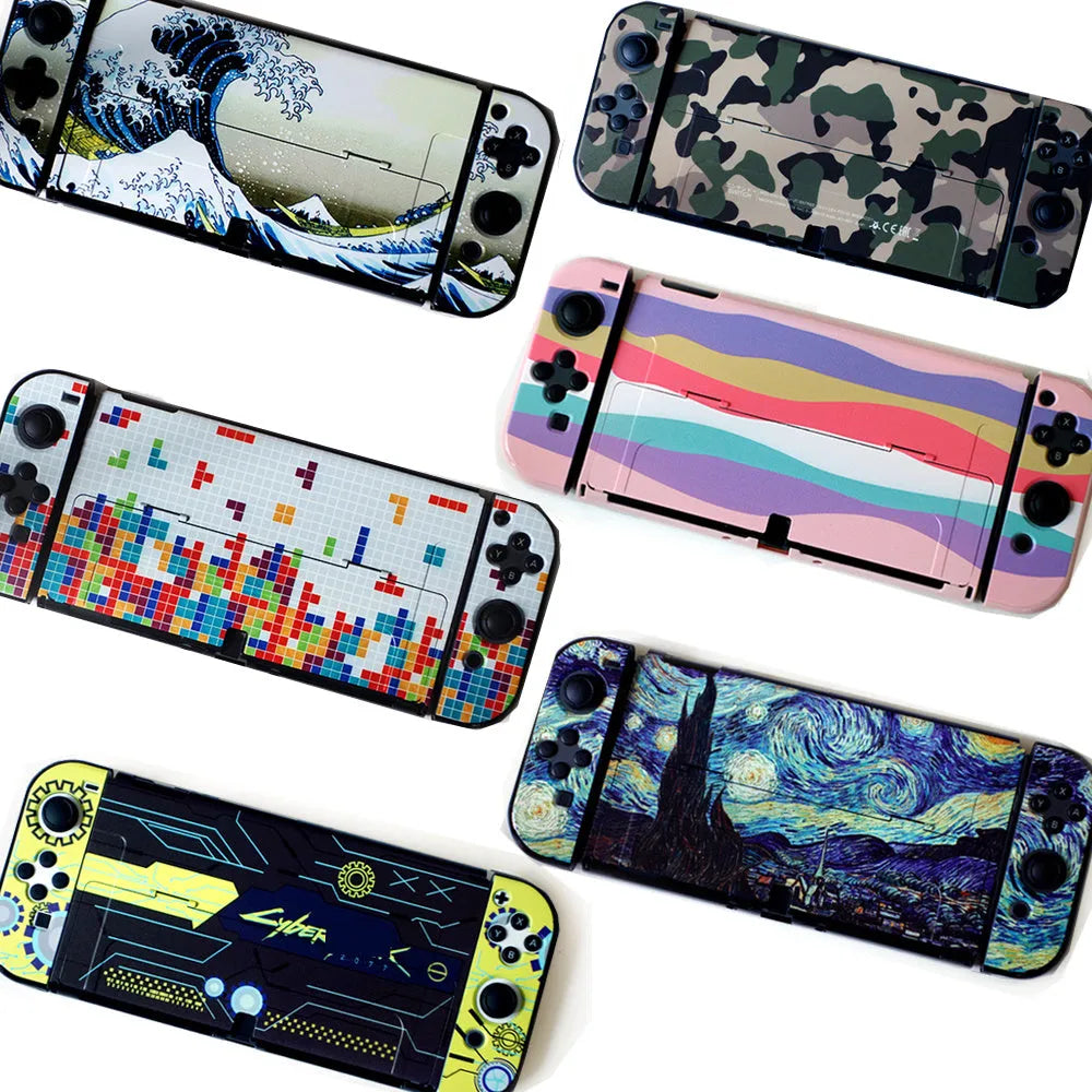 PC hard case for Nintendo Switch OLED with cartoon crystal pattern, showing front and back protection