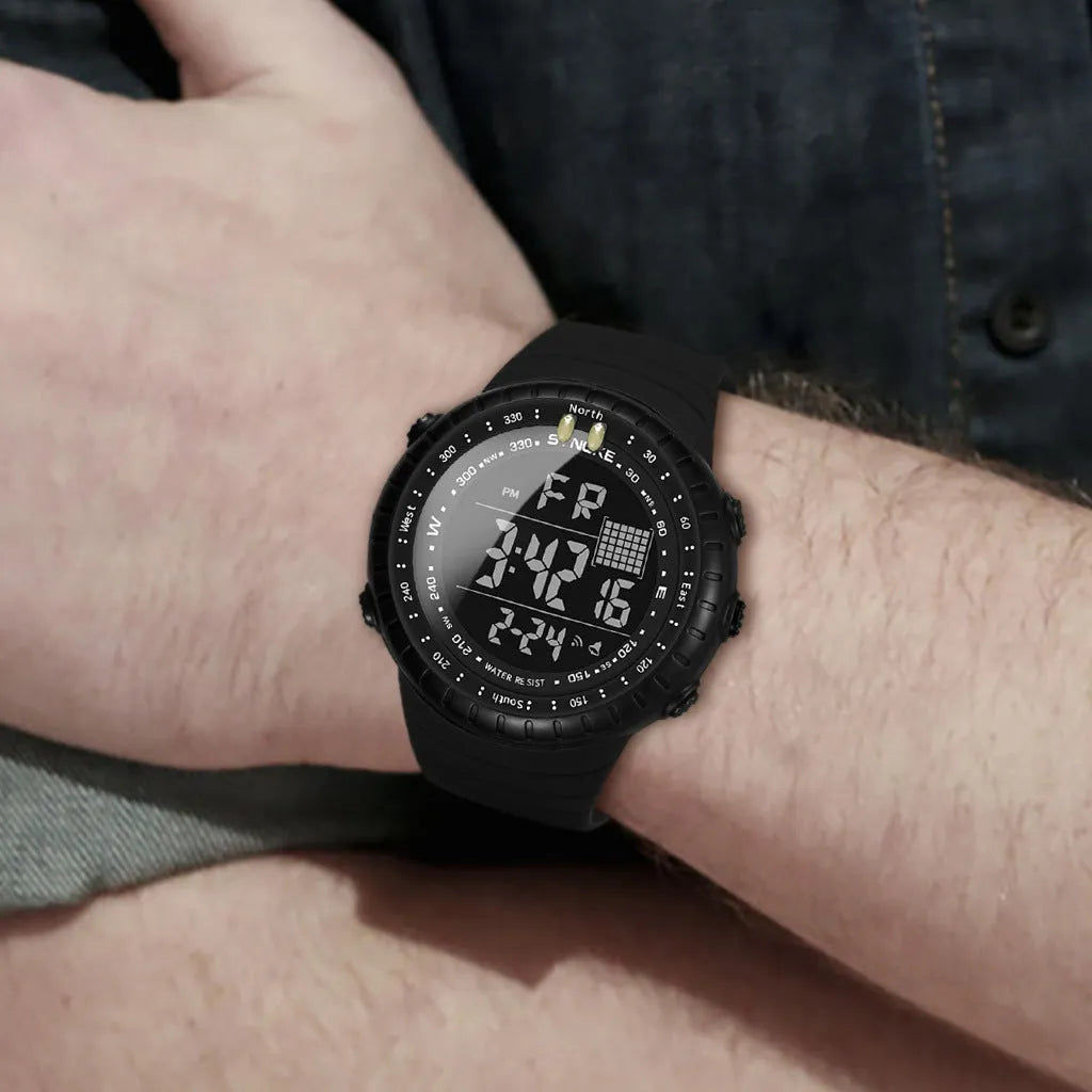 Black men's outdoor electronic watch with 54.74mm dial and WR50M waterproof rating