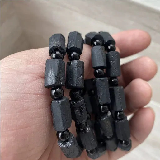Natural black tourmaline rough stone bracelet unisex 10mm beads Seiko treatment