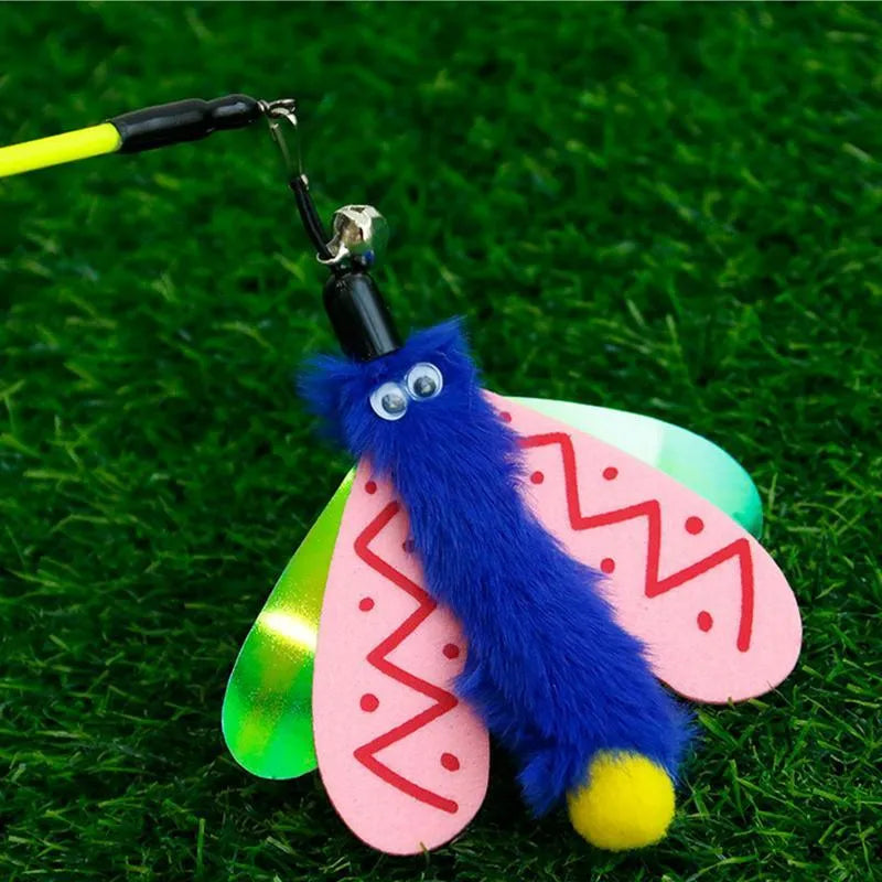 Cat wand toy with 49cm ABS stick, colourful dragonfly lure, and small bell for indoor cat interactive play