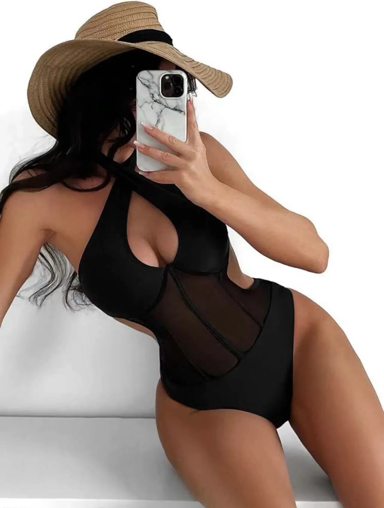 Women's black spun yarn one-piece swimsuit bikini on a hanger