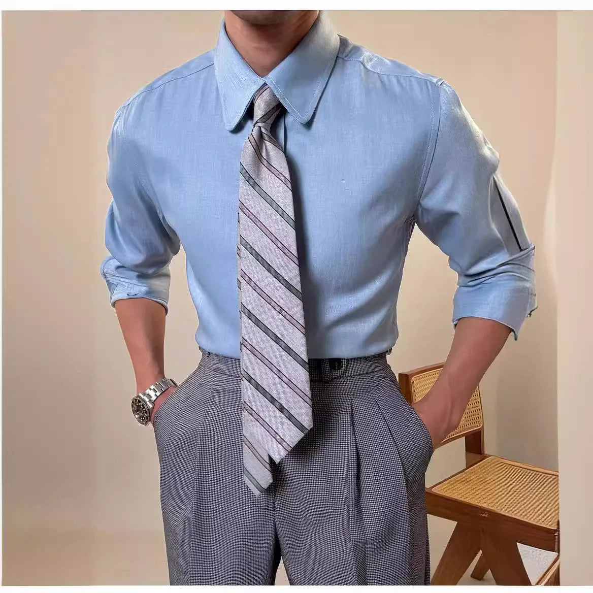 Men's slim fit long sleeve shirt in blue with round collar on hanger