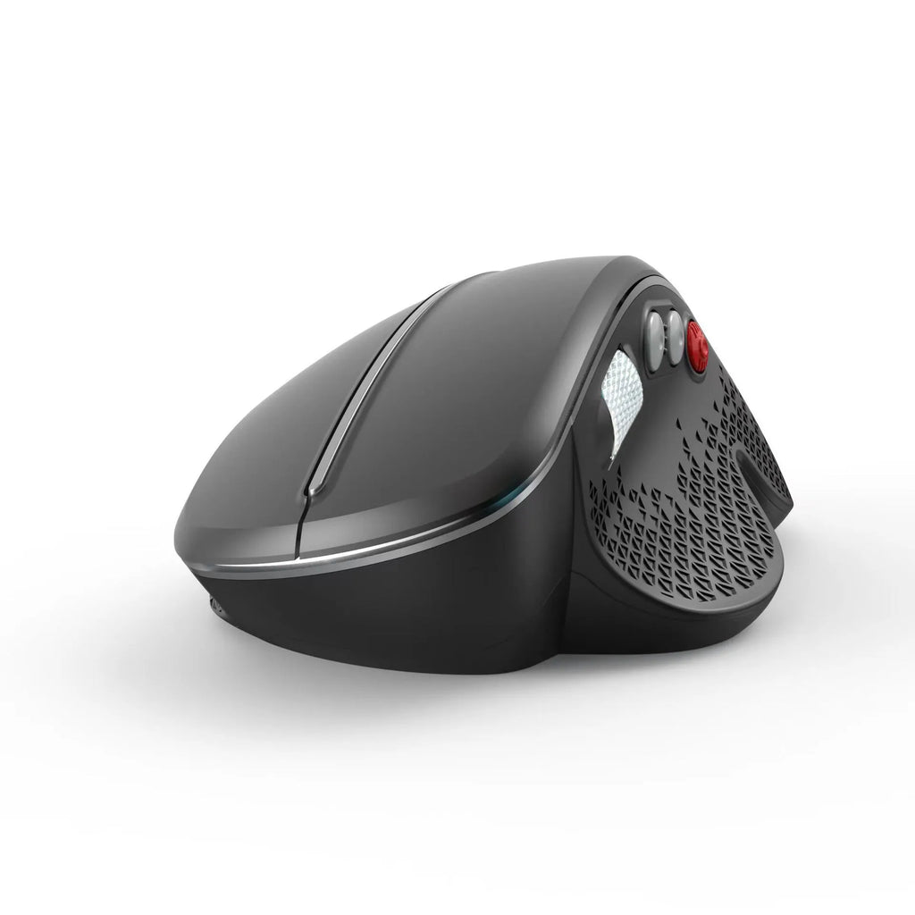 T32 black and silver wireless vertical ergonomic mouse with aluminium side roller on a desk.