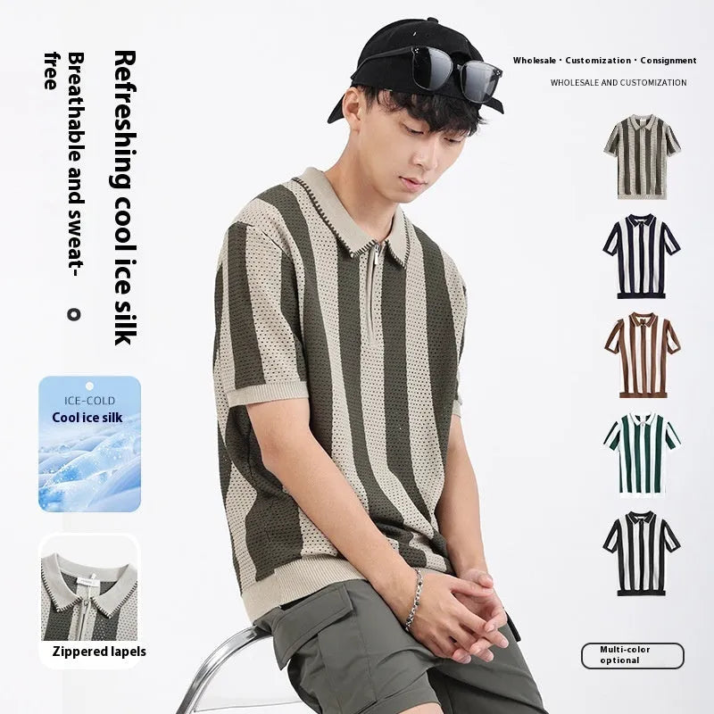 Men's black and white striped short sleeve sweater with zip detail on a hanger