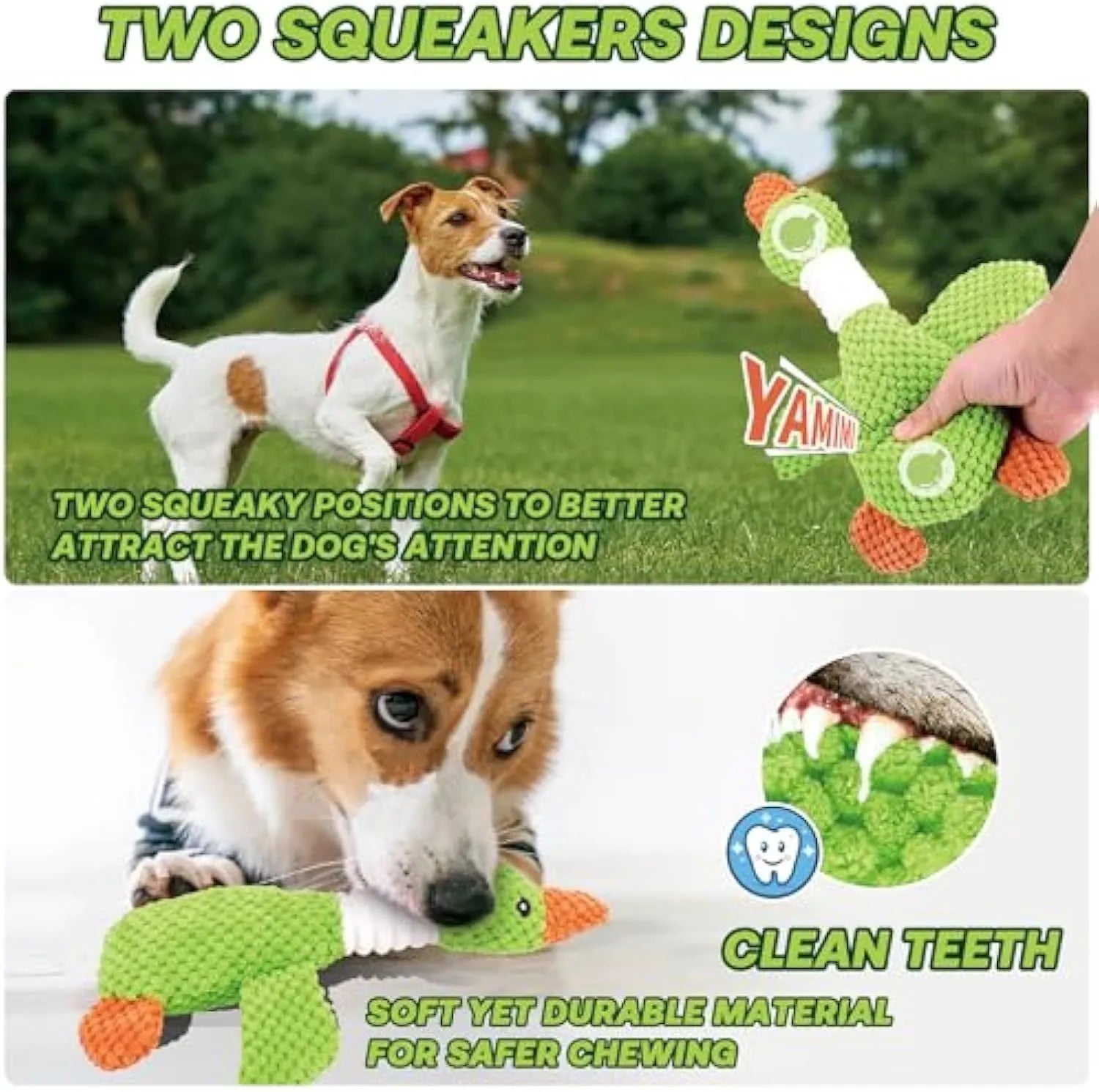 Blue duck-shaped plush dog toy with squeakers for chewing play measuring 33cm long