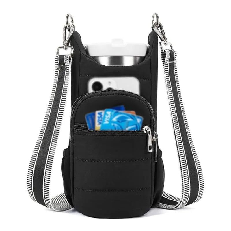 Bicycle water bottle bag in black, pink or beige colours with cloth construction and handlebar mount