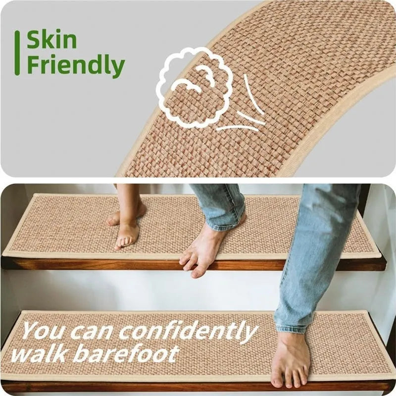 A long, narrow Japanese-style linen-textured stair mat in camel colour with a choice of rubber or self-adhesive bottom.