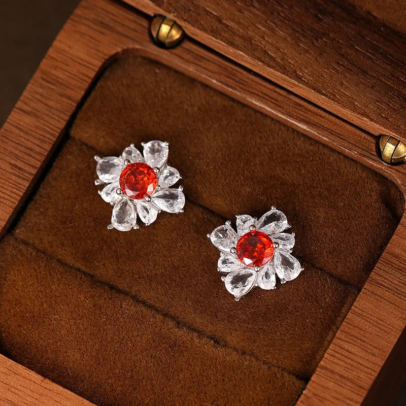 Retro 925 silver earrings with pigeon red diamond temperament and white gold colour electroplated finish, geometric U-shaped design