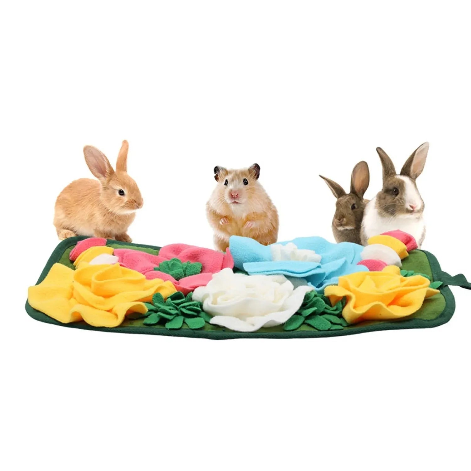 Gray square foraging mat for rabbits and guinea pigs with fabric loops for hiding treats