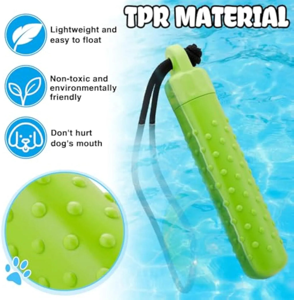 Two floating dog pool toys in red and green, TPR material with rope, 240x45mm, floating on water