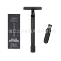 Manual shaving razor with brush combination in black or silver metal finish