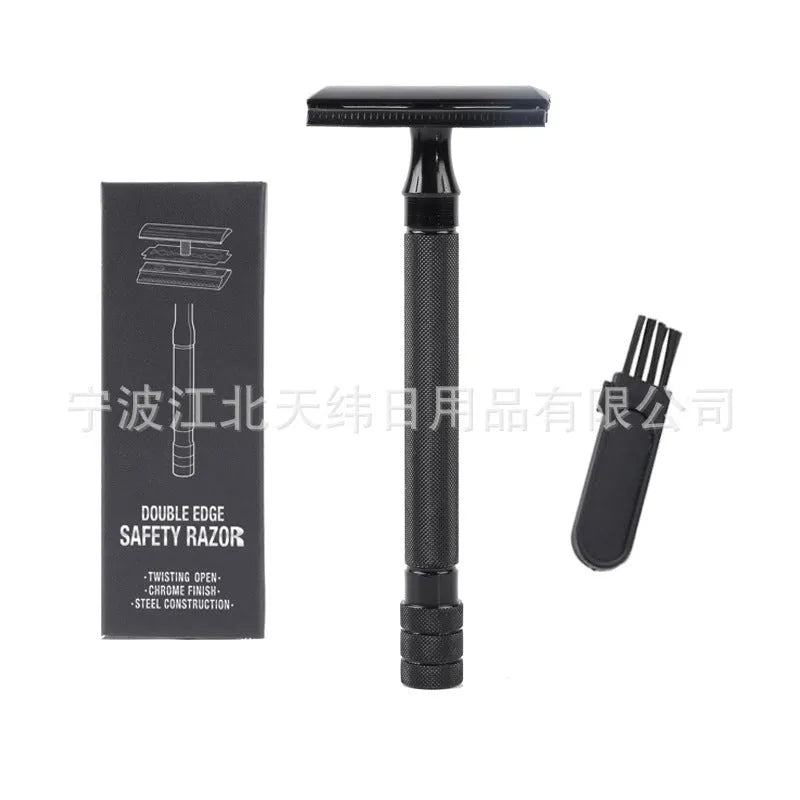 Manual shaving razor with brush combination in black or silver metal finish