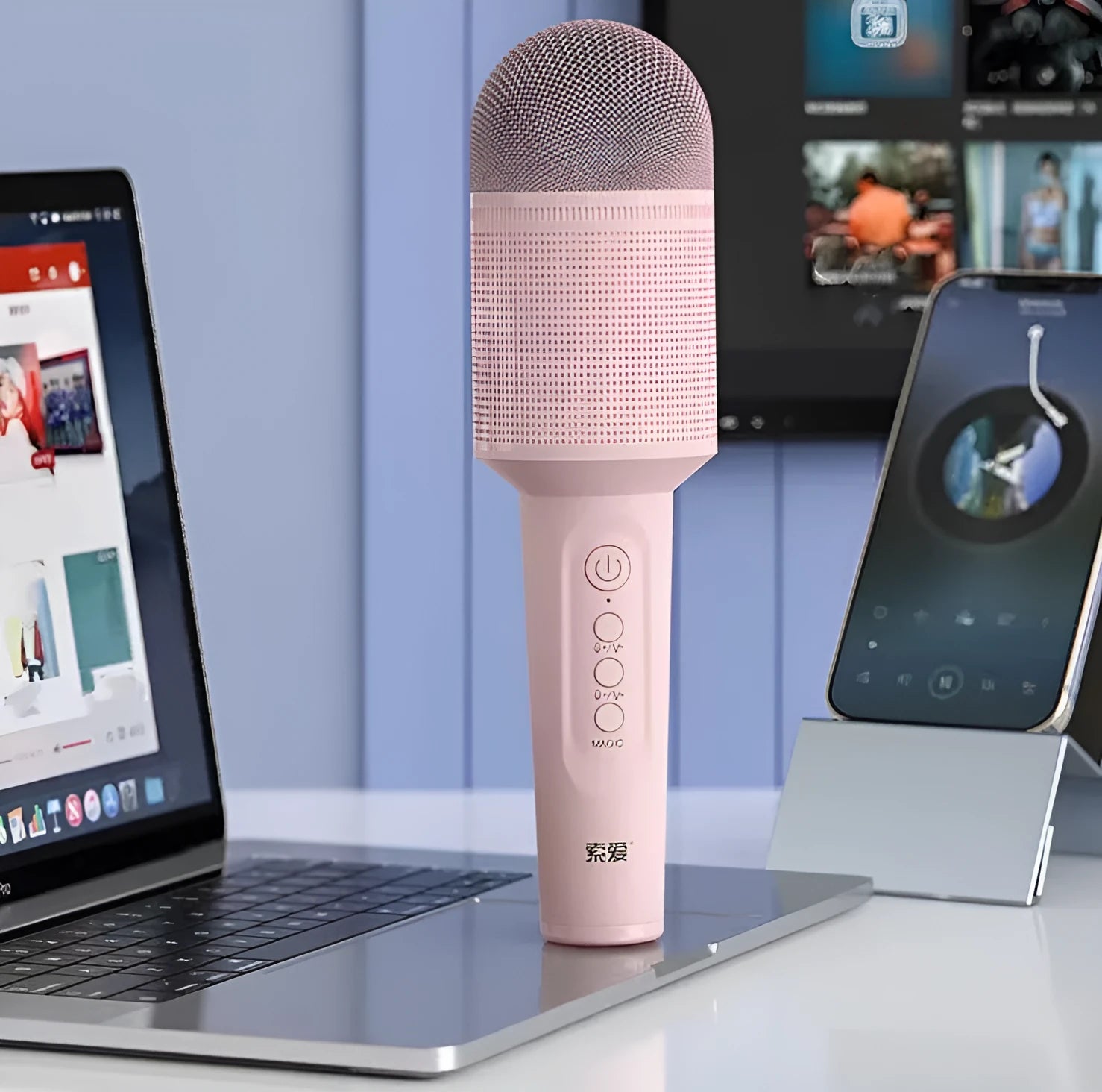 Wireless Bluetooth karaoke microphone in pink, blue, or green with USB connectivity