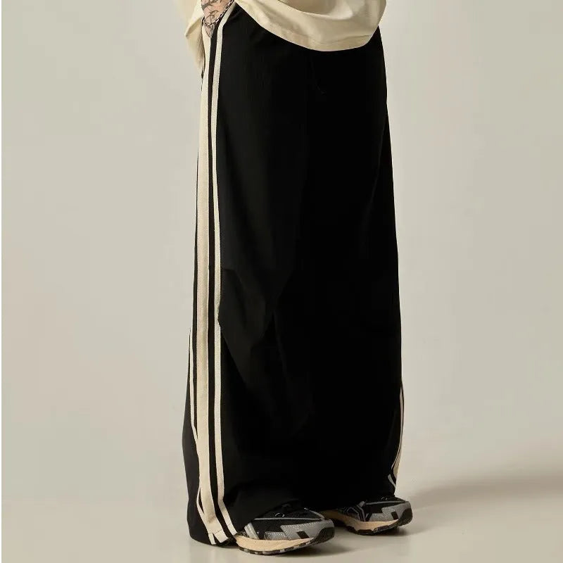 Black men's wide leg climbing trousers with high waistband and straight-leg casual design