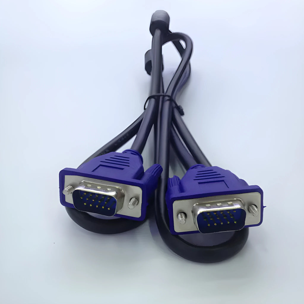 Black 1.5 metre VGA cable with nickel-plated hollow-core terminal and blue moulded head