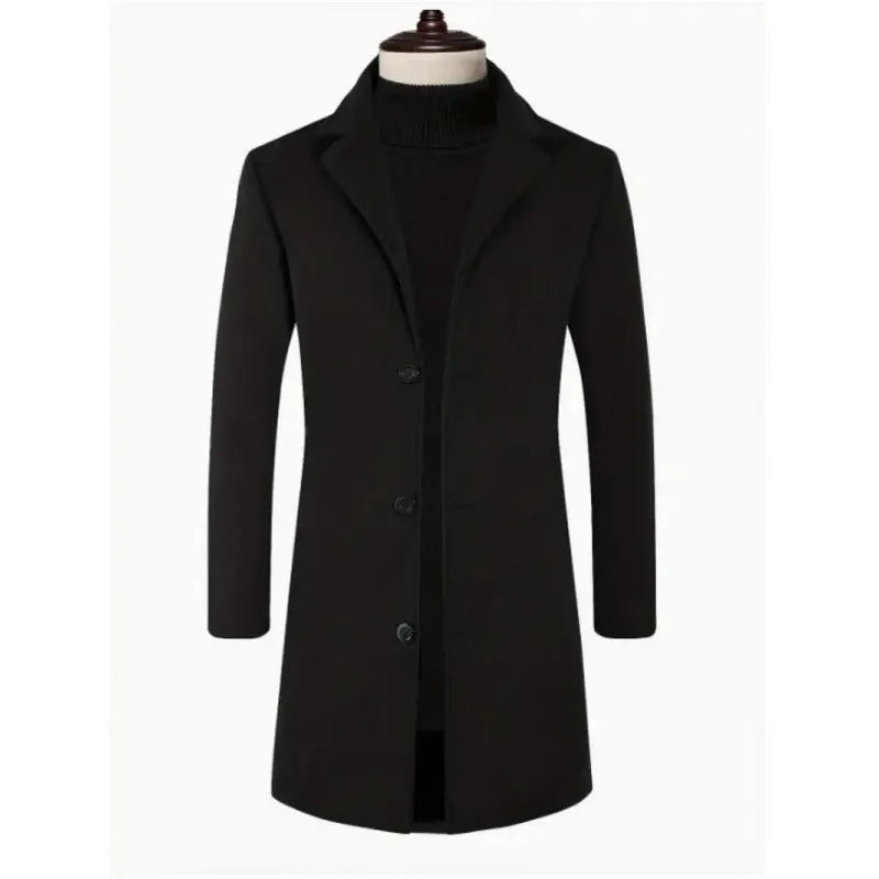 Men's solid colour slim fit trench coat, mercerised polyester, mid-length, side seam pockets, available in black.