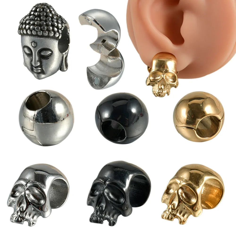 Stainless steel hollow skull Buddha earrings with geometric design in electroplated colours