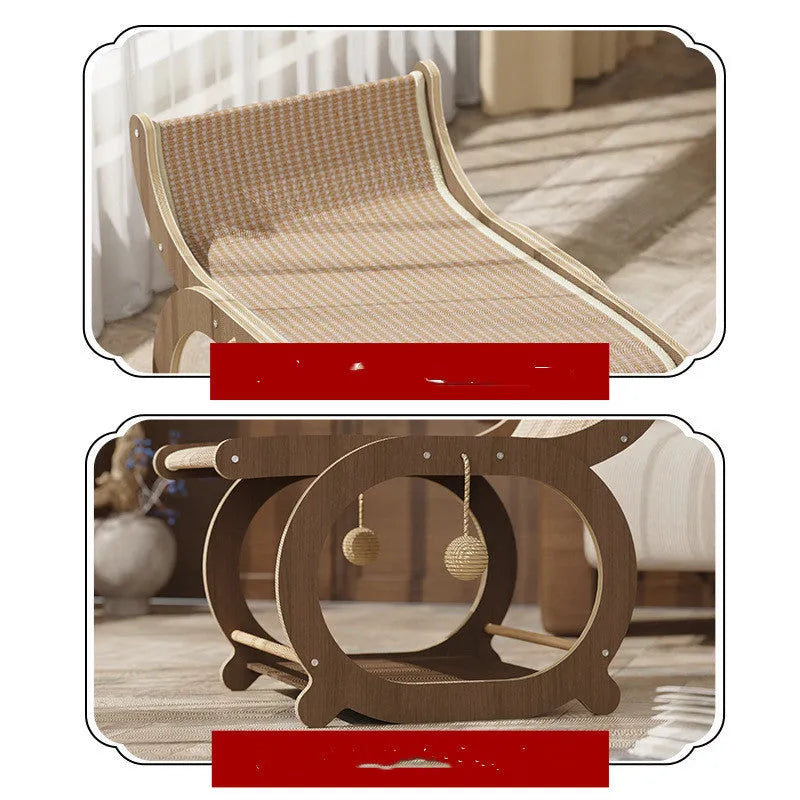 Solid wood sisal cat scratcher bed in recliner design with walnut or wood colour finish