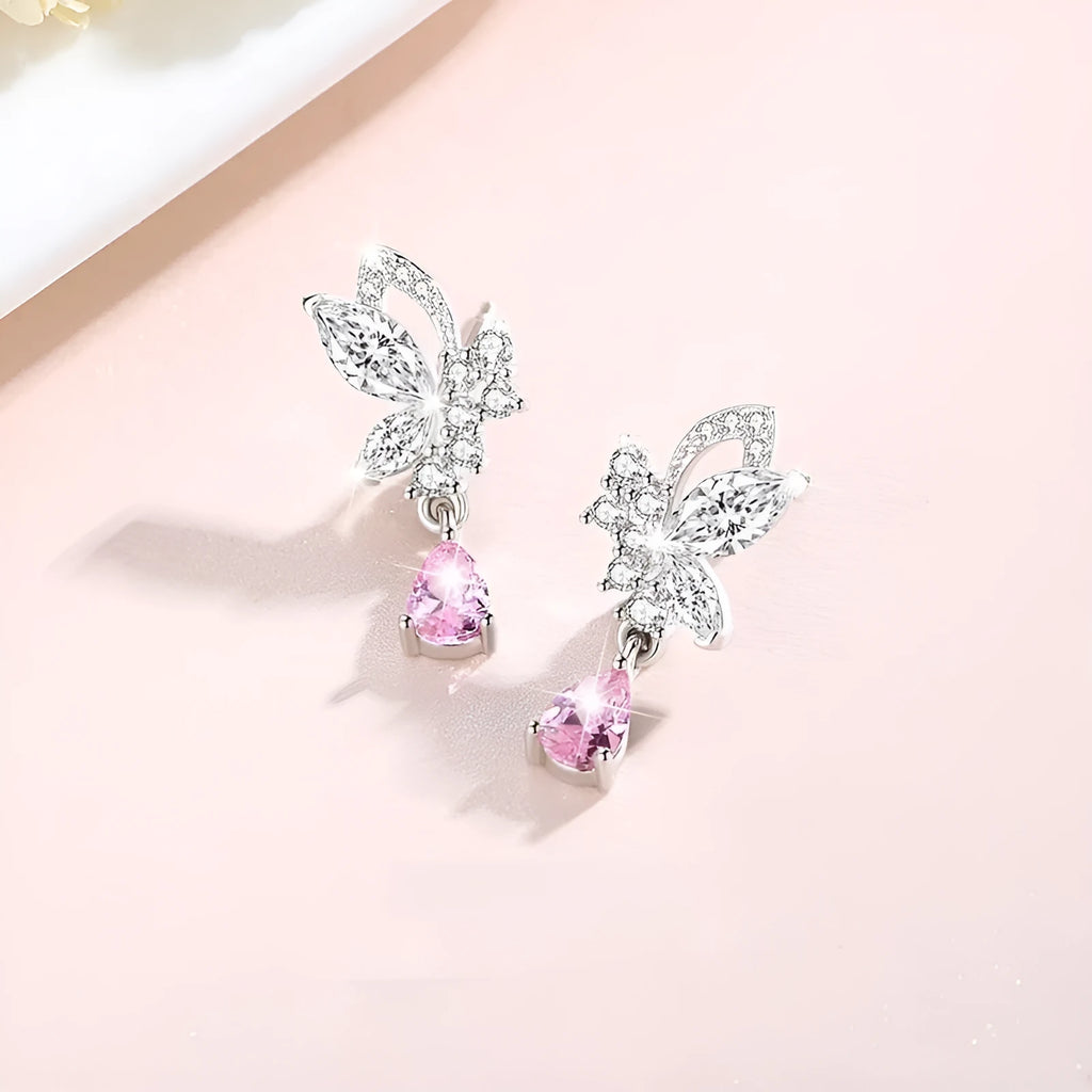 Crystal butterfly 925 silver stud earrings for women on white background