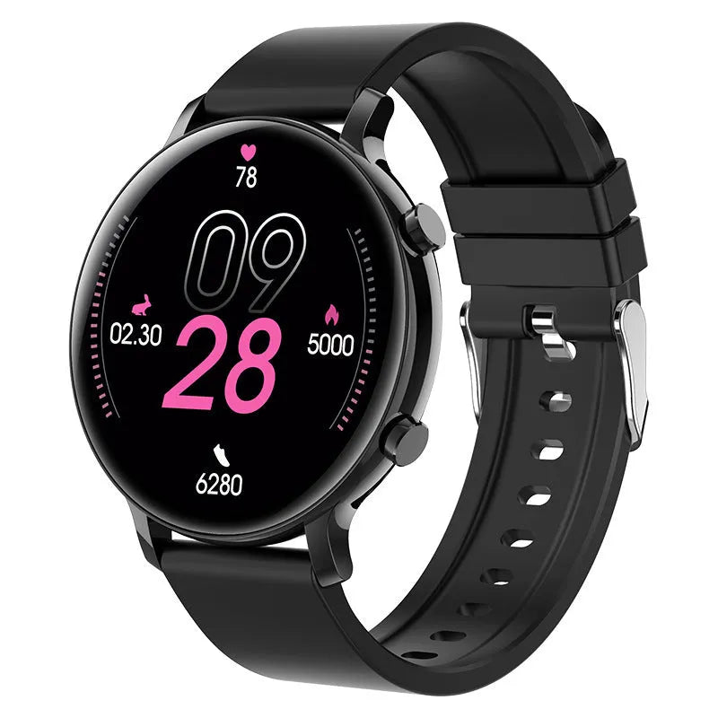 Bluetooth smartwatch with stainless steel strap showing call screen and health stats