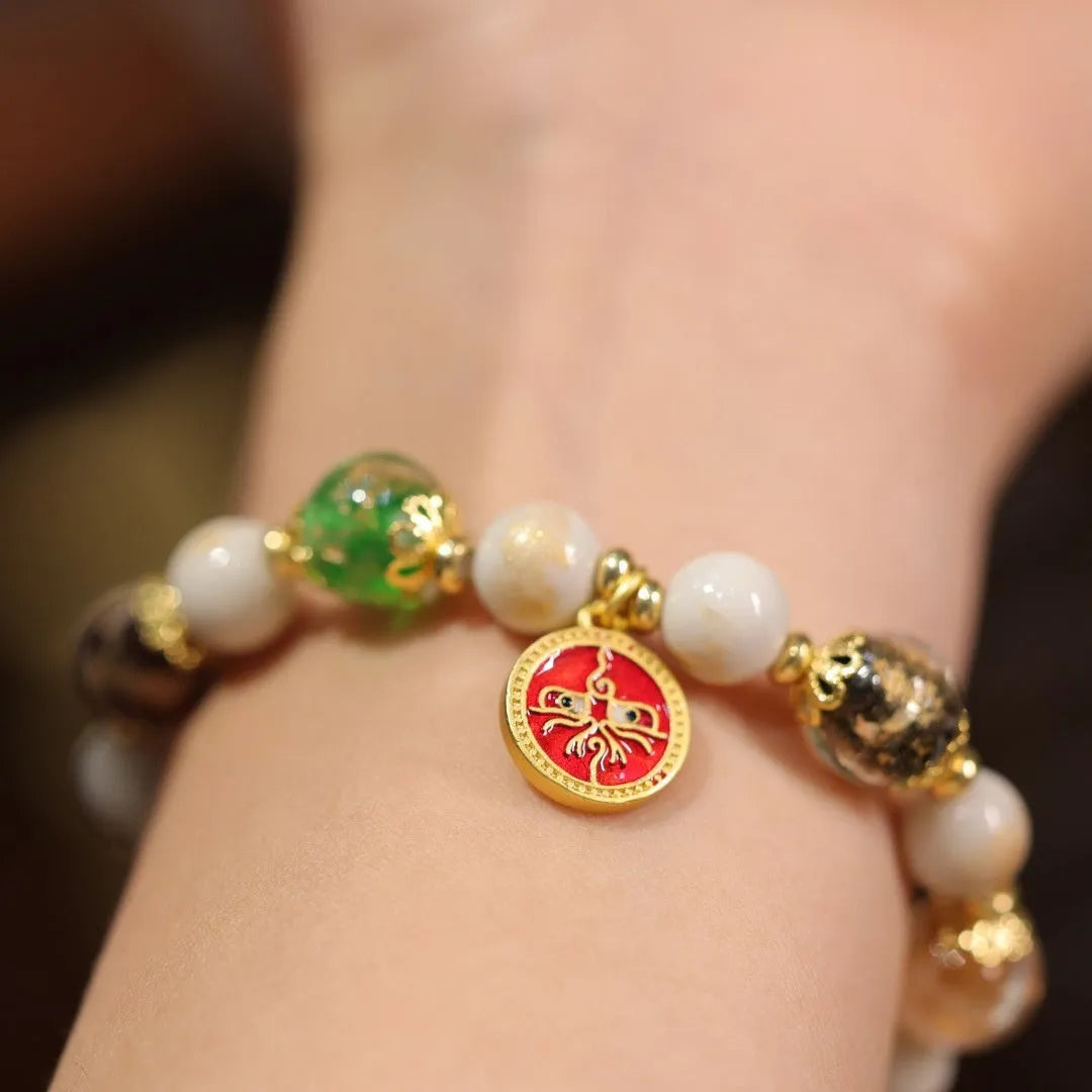 Handmade Fragrant Gray glass bracelet with 10mm geometric beads in God of Wealth design, five colours