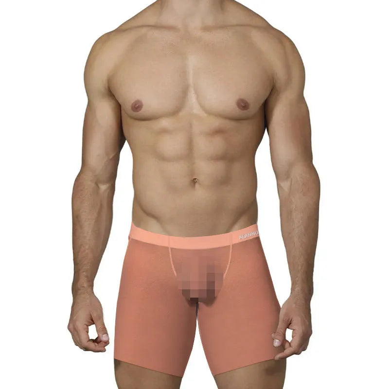 Men's low waist ice silk boxers in orange, pink, and red solid colours on a white background.