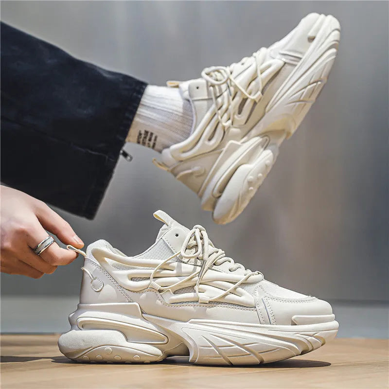 Men's breathable mesh lace-up sneaker in beige and black with rubber sole and platform heel