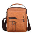 Men's khaki PU leather shoulder bag showing front view with diagonal strap and zipper opening